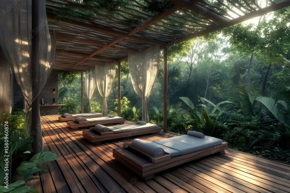 Wooden deck with massage beds in a luxurious spa immersed in a lush tropical forest, creating a serene and relaxing atmosphere Wooden deck with massage beds in a luxurious spa immersed in a lush tropical forest, creating a serene and relaxing atmosphere