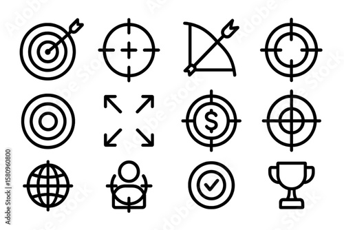 Minimalist black outline icons of target, crosshair, and achievement symbols for business success