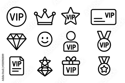 Vip icons set: crown, diamond, star, medal, gift, card in simple black line style