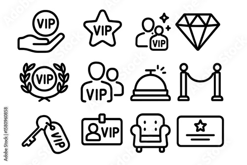 Vip services icons: exclusive access, membership, and luxury amenities in linear style