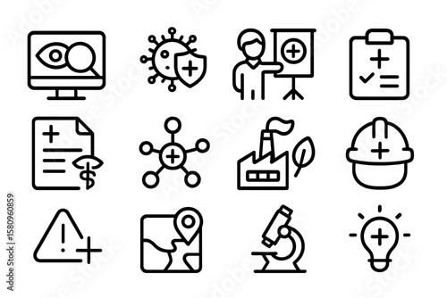 Black linear icons for health, safety, technology, and environment themes