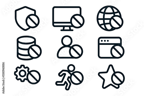 Dark mode interface icons collection: set of unauthorized access symbols