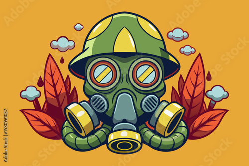 Cartoon Gas Mask with Military Helmet and Autumn Leaves on Orange Background