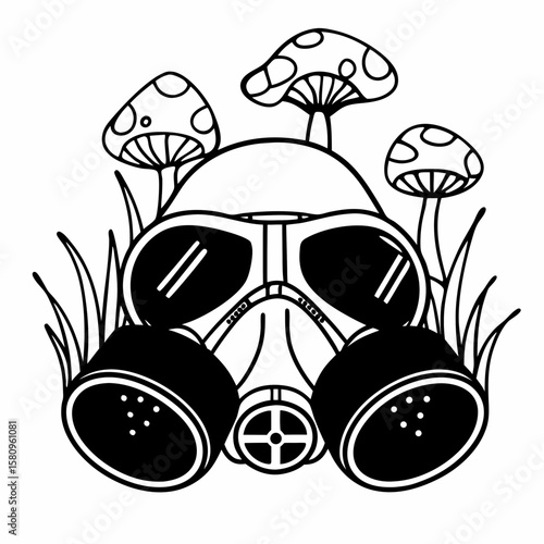 Gas Mask Surrounded by Mushrooms and Grass in Black and White Line Art