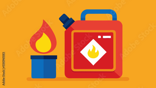 Flammable Liquid Illustration Red Gas Canister and Burning Flame on Orange Background