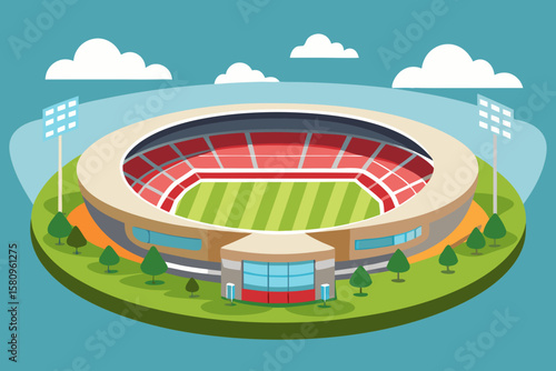 Isometric view of a colorful stadium with lights and clouds above