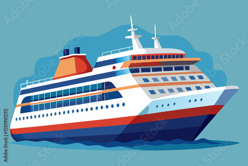 Stylized Cruise Ship Illustration on Blue Water and Background Vector Graphic