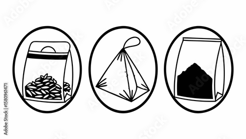 Three stylized tea bags in circular frames black and white illustration