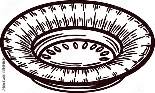 hand drawn ceramic plate illustration with engraved vintage lines isolated on white background