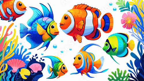 Colorful tropical fish swimming among vibrant coral and sea plants in a lively underwater scene