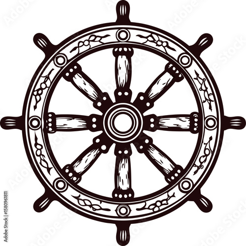 Vintage engraved wooden ship wheel with nautical floral detailing, hand drawn steering helm illustration