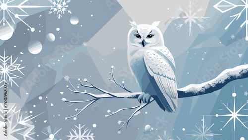 Stylish white owl perched on a branch amid snowflakes in a serene winter illustration