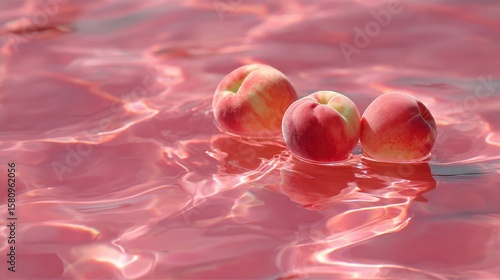 Vibrant photo of few pink peaches are floating on the pink water. The water has ripples and reflects the sunlight. The peaches should be close to the color of the water and.