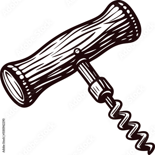 Vintage hand drawn corkscrew with wooden handle engraved illustration of wine bottle opener tool isolated on white