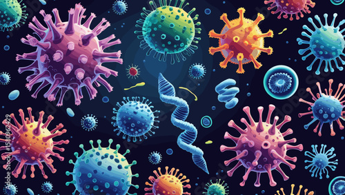 Colorful representation of various microorganisms and viruses in a detailed scientific illustration