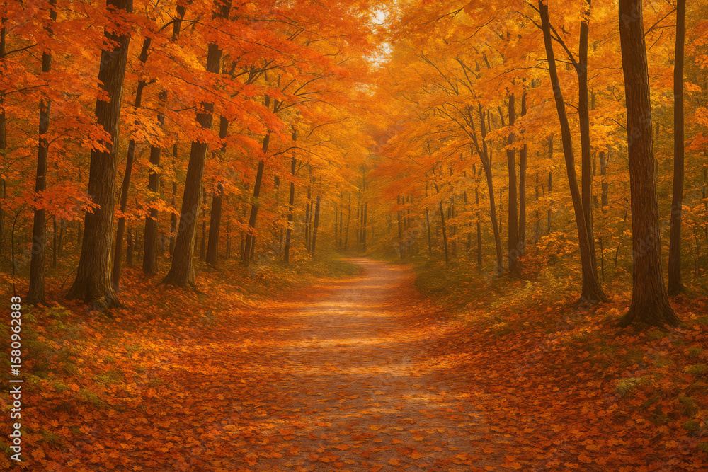 Obraz premium Enchanting autumn forest pathway with vibrant foliage in golden sunlight