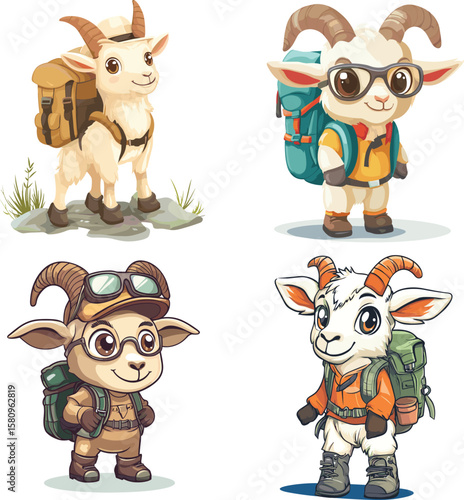 Cute goat Explorer Hiking Adventure vector style on white background