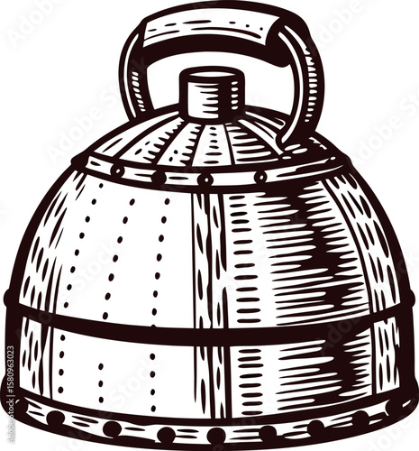 Hand drawn vintage wooden cheese press with handle, engraved sketch illustration isolated on white background