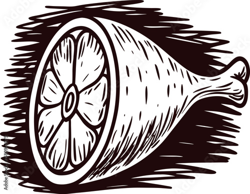 Vintage hand drawn ham illustration in black and white etching with textured background