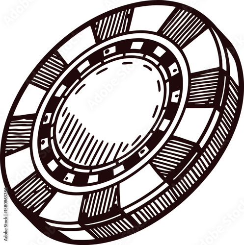 Hand drawn casino chip illustration isolated on white background vintage engraving black line art
