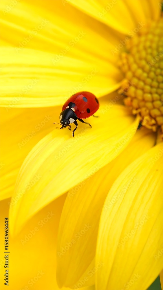 Naklejka premium Ladybug on sunflower petal