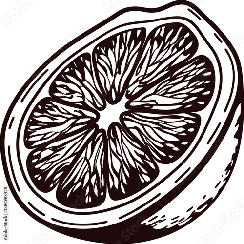 Vintage engraved illustration of a halved orange citrus fruit with intricate sections and detailed texture