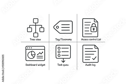 hand drawn cute doodle style isolated organization system tree view organization system tag taonomy organization system access control list organization system dashboard widget organization