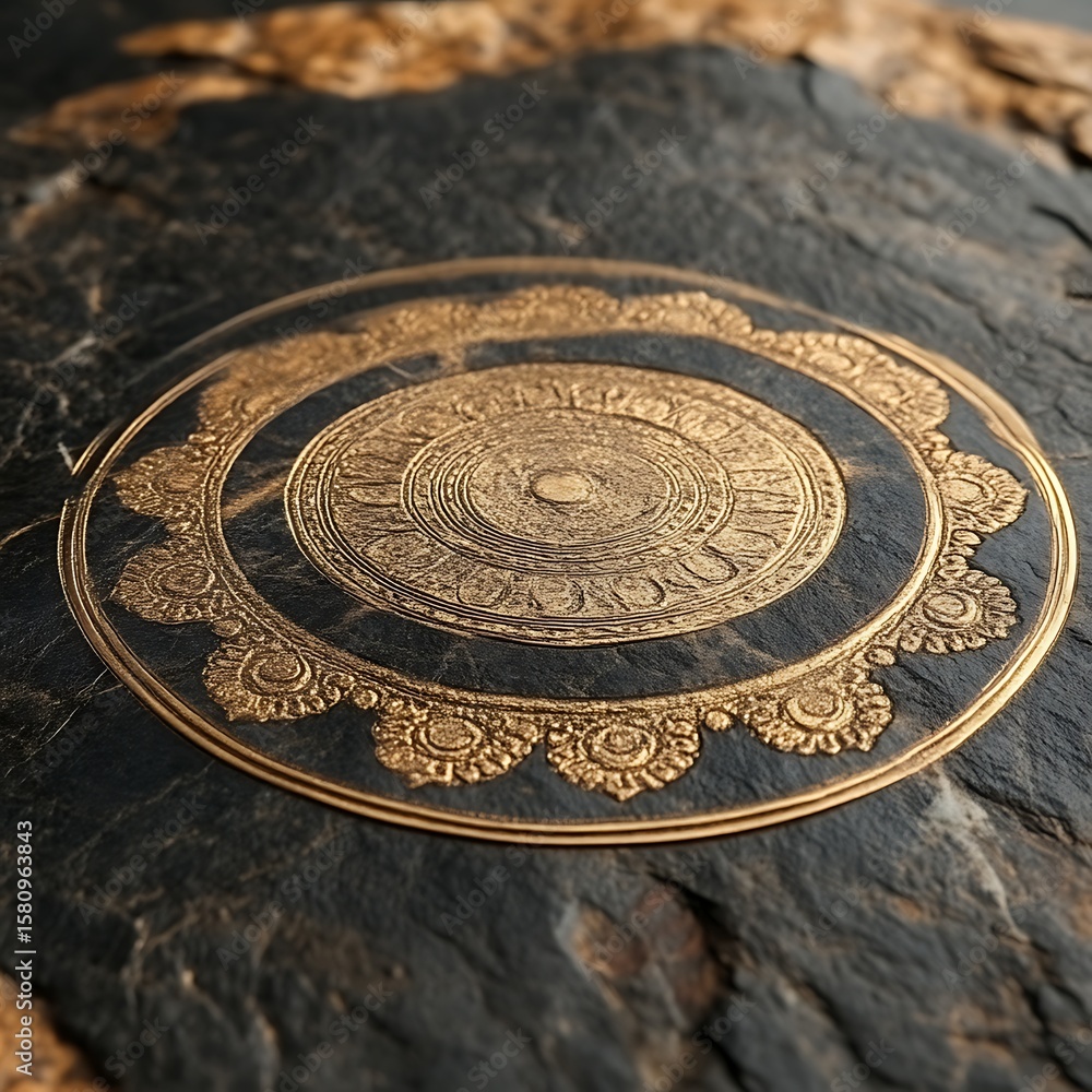 Fototapeta premium Ornate, circular design, gold accents on dark surface