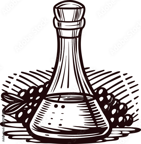 Hand drawn vintage decanter with grapes in engraving isolated on white background illustration