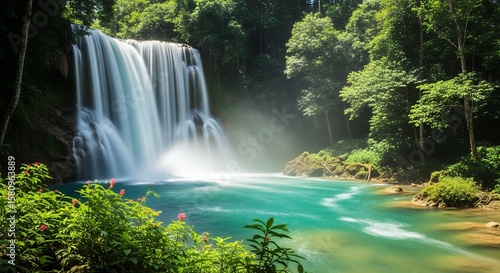 Serene Waterfall Cascading into Turquoise Pool Lush Green Foliage