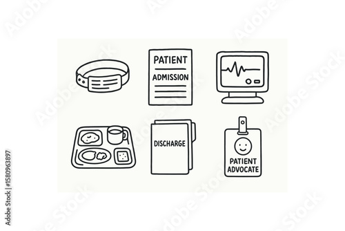 hand drawn cute doodle style isolated patient wristband ID tag patient admission form patient bedside monitor patient meal tray patient discharge packet patient advocate badge