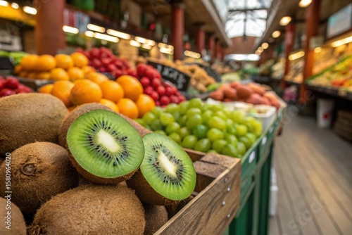 Fresh Kiwi Fruits Displayed at Vibrant Outdoor Food Market