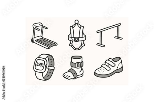 hand drawn cute doodle style isolated walking therapy treadmill track mat walking therapy gait belt harness walking therapy balance bar rail walking therapy pedometer wristband walking