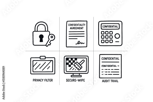 hand drawn cute doodle style isolated confidentiality encryption key vault confidentiality agreement form confidentiality access control panel confidentiality privacy filter module