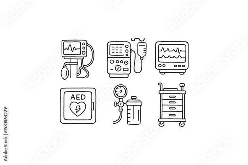 hand drawn cute doodle style isolated intensive care unit ventilator module intensive care unit infusion pump intensive care unit patient monitor intensive care unit defibrillator cabinet