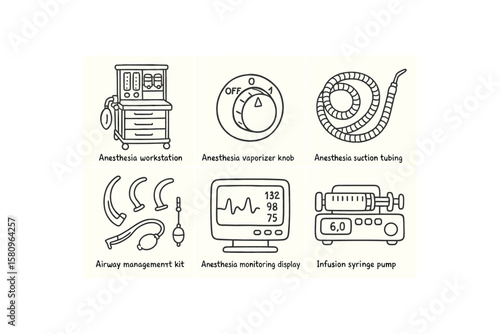 hand drawn cute doodle style isolated anesthesiologist anesthesia workstation anesthesiologist vaporizor knob anesthesiologist suction tubing anesthesiologist airway management kit
