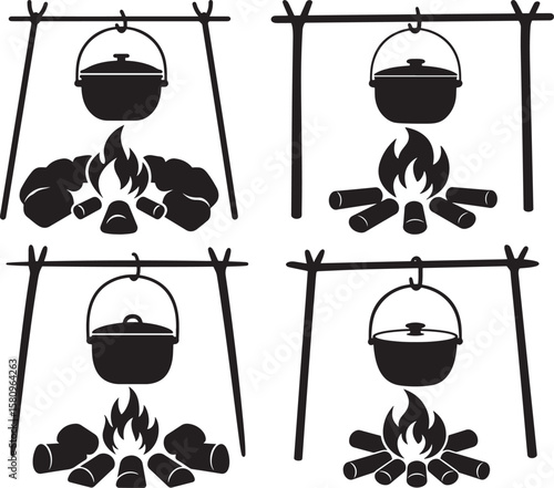Four camping fire cooking pot silhouette icons with wood and flames