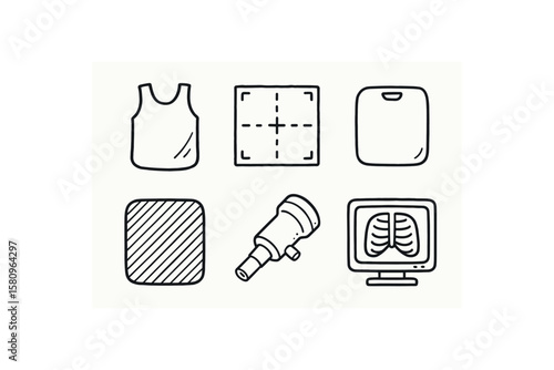 hand drawn cute doodle style isolated ray image lead apron ray image detector panel ray image film cassette ray image filter ray image intensifier tube ray image display monitor