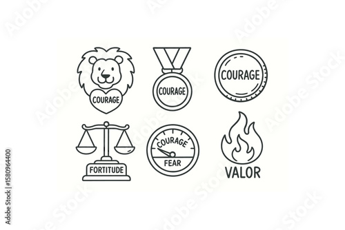 hand drawn cute doodle style isolated courage lion heart emblem courage bravery medal badge courage challenge coin courage fortitude scale courage fear gauge courage valor flame