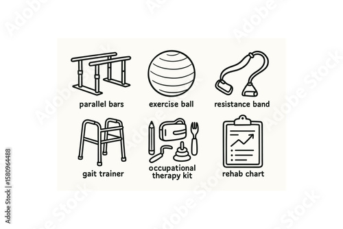 hand drawn cute doodle style isolated rehabilitation parallel bars rehabilitation eercise therapy ball rehabilitation resistance band rehabilitation gait trainer rehabilitation occupational