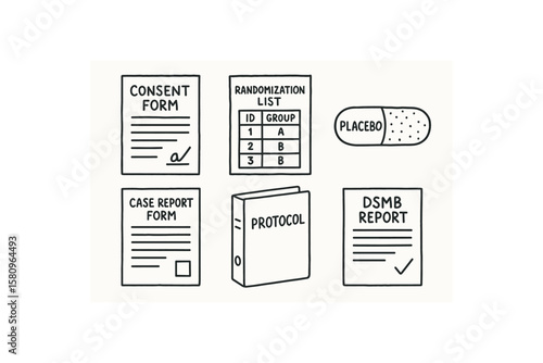 hand drawn cute doodle style isolated clinical trial consent form template clinical trial randomization list clinical trial placebo capsule clinical trial case report form clinical trial