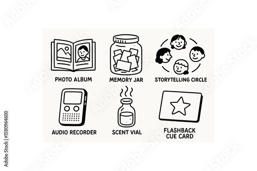 hand drawn cute doodle style isolated reminiscence photo album reminiscence memory jar reminiscence storytelling circle reminiscence audio recorder reminiscence trigger scent vial