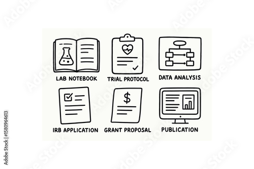 hand drawn cute doodle style isolated medical researcher lab notebook medical researcher trial protocol medical researcher data analysis pipe medical researcher IRB application medical