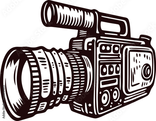 Hand drawn retro video camera with detailed lens and buttons vintage engraved illustration on white background