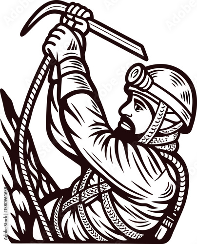 Vintage engraved illustration of a miner rappelling down a shaft with a pickaxe and rope, wearing helmet and uniform