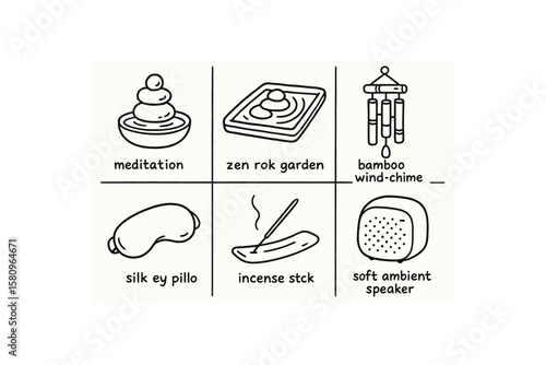 hand drawn cute doodle style isolated meditation water fountain zen rock garden bamboo wind chime silk eye pillow scented incense stick ambient speaker