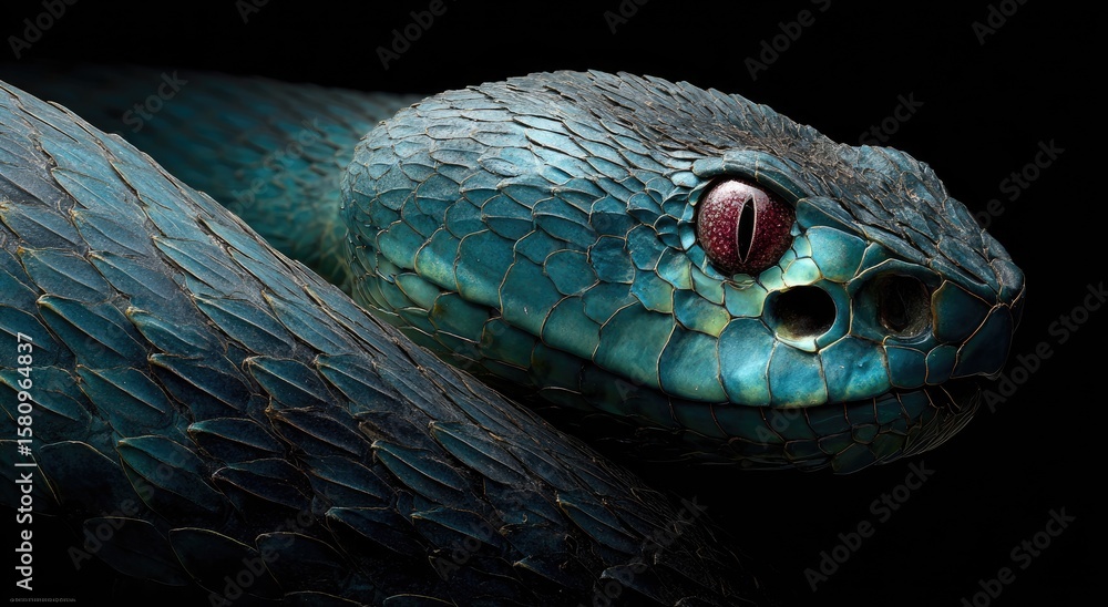 Fototapeta premium Close - up of emerald - blue snake with red eyes in dark fantasy