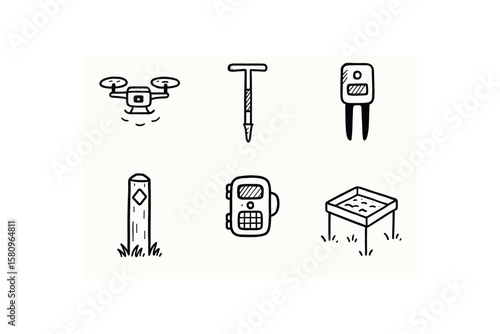 hand drawn cute doodle style isolated forest canopy drone scanner forest tree ring corer forest soil moisture sensor forest trail marker post forest wildlife camera trap forest leaf litter