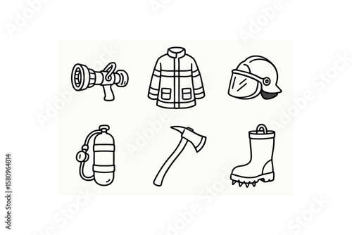 hand drawn cute doodle style isolated firefighter hose nozzle firefighter turnout coat firefighter helmet visor firefighter oygen tank firefighter ae tool firefighter boot spike