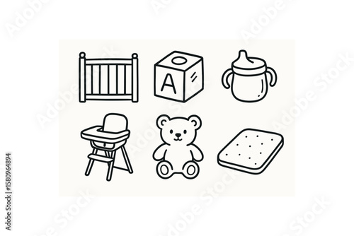 hand drawn cute doodle style isolated toddler safety gate toddler building block toddler sippy cup toddler high chair toddler toy toddler crawling mat